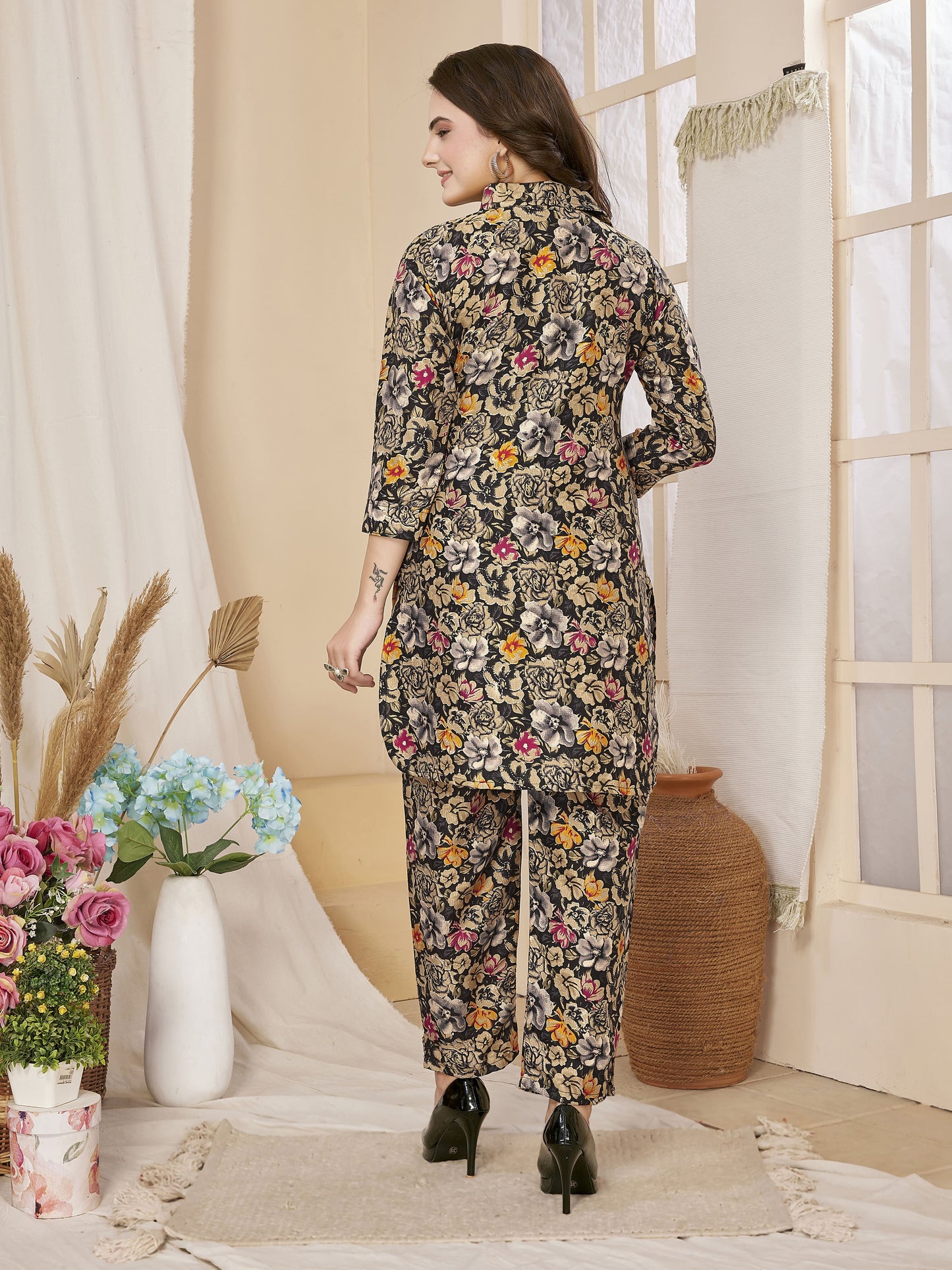 Black Floral Printed Rayon Co-Ords Set