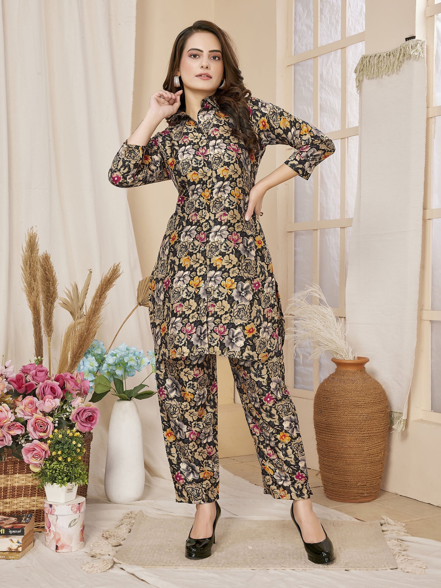 Black Floral Printed Rayon Co-Ords Set