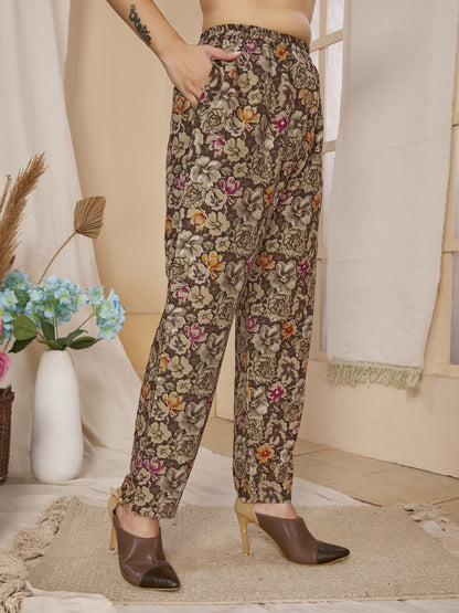 Brown Floral Printed Rayon Co-Ords Set