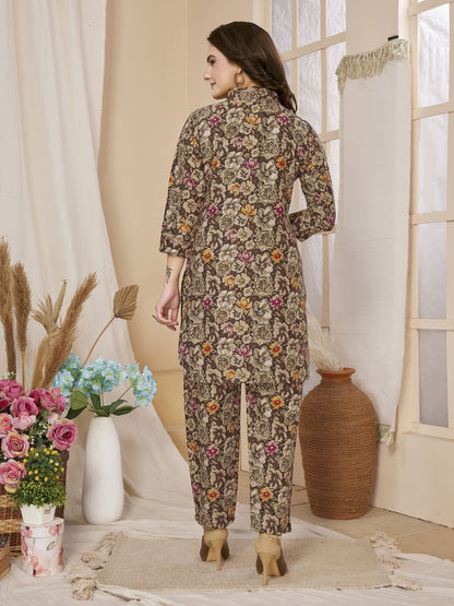 Brown Floral Printed Rayon Co-Ords Set