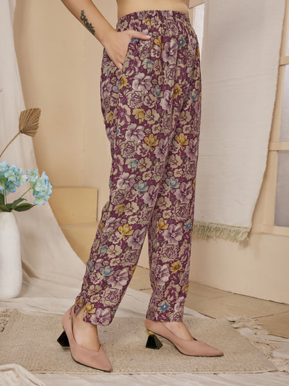 Purple Floral Printed Rayon Co-Ords Set