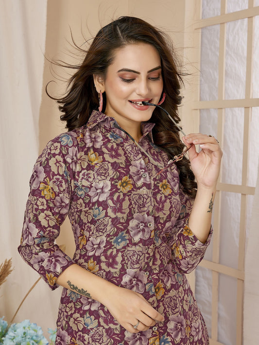 Purple Floral Printed Rayon Co-Ords Set