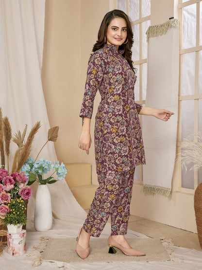 Purple Floral Printed Rayon Co-Ords Set