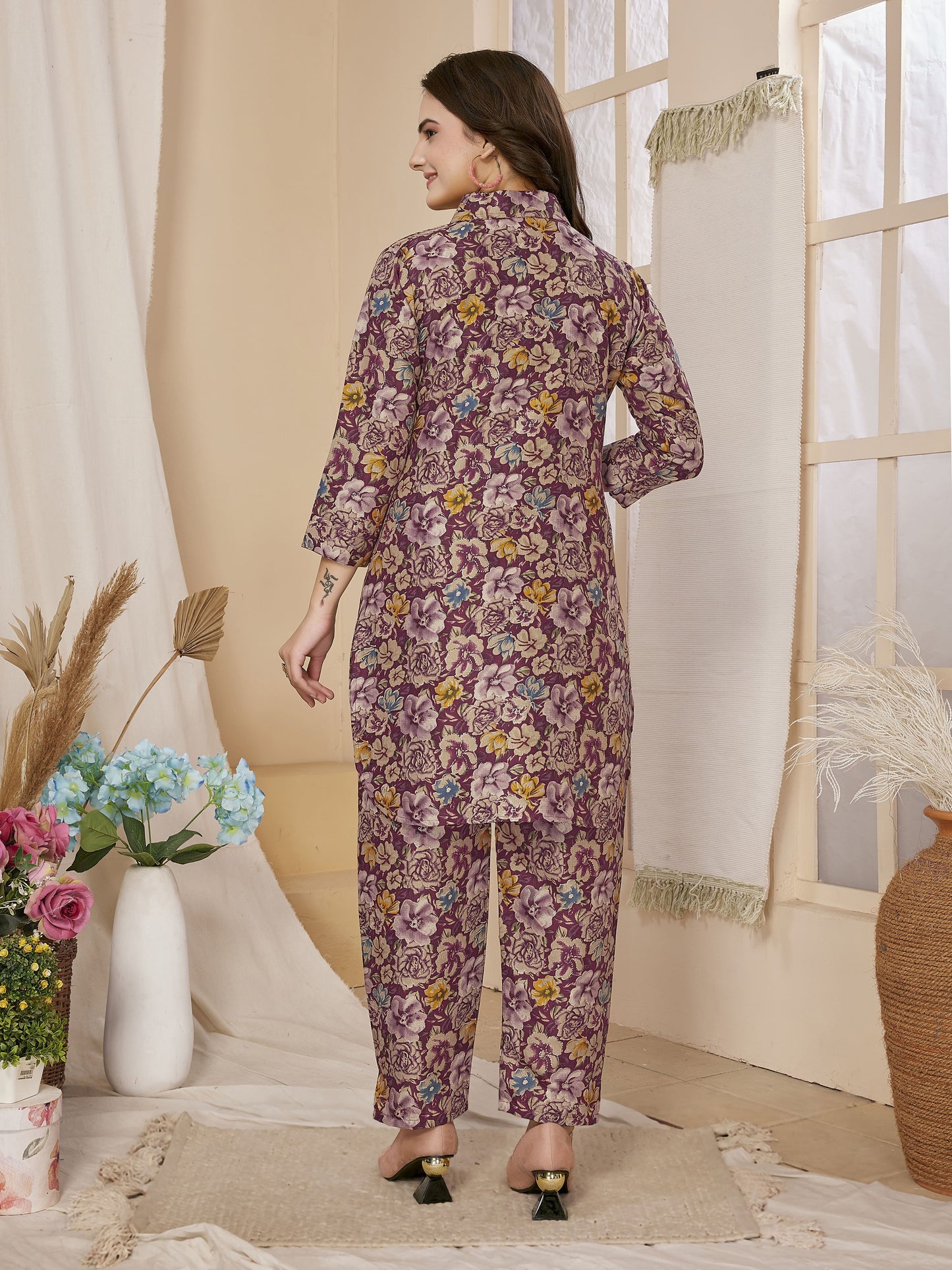 Purple Floral Printed Rayon Co-Ords Set