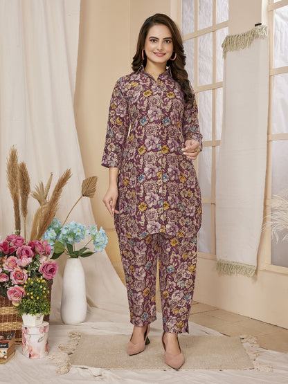 Purple Floral Printed Rayon Co-Ords Set