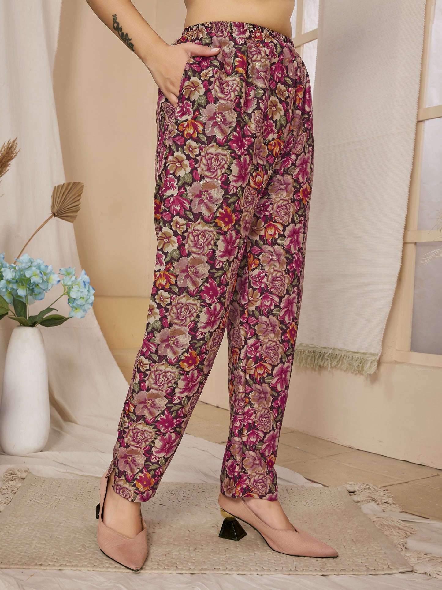 Magenta Floral Printed Rayon Co-Ords Set