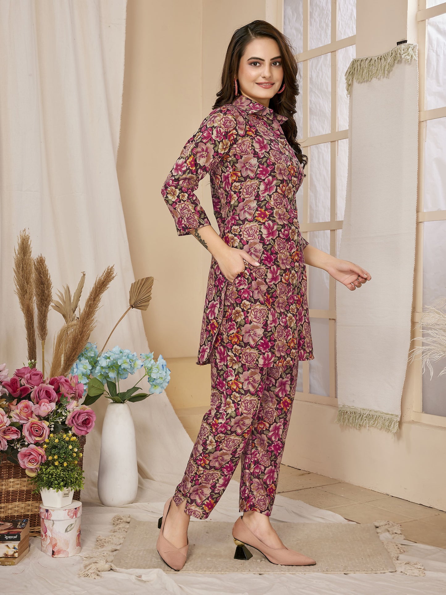 Magenta Floral Printed Rayon Co-Ords Set