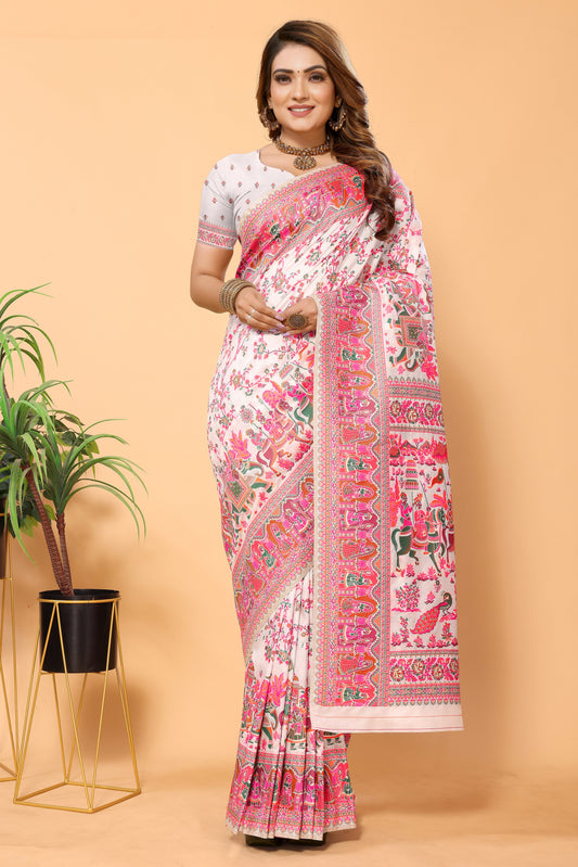 Elegant White & Pink Pashmina Kashmiri Jacquard Silk Saree: Classic Sophistication