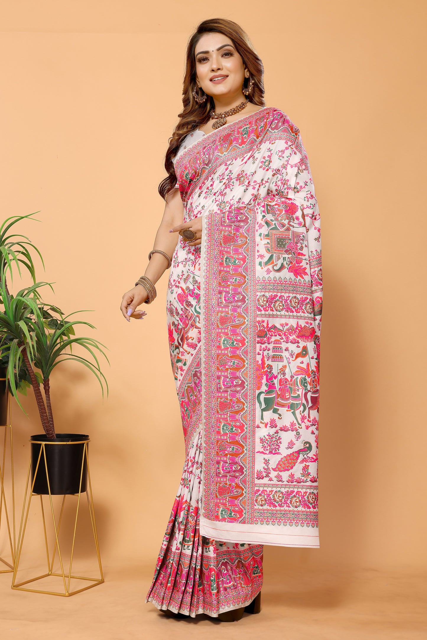 Elegant White & Pink Pashmina Kashmiri Jacquard Silk Saree: Classic Sophistication