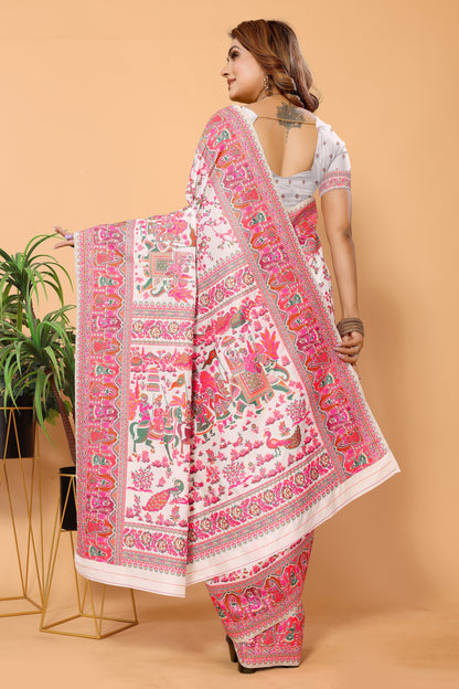 Elegant White & Pink Pashmina Kashmiri Jacquard Silk Saree: Classic Sophistication