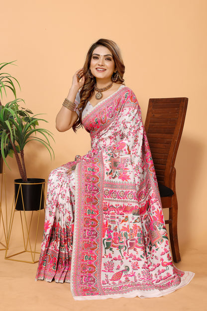 Elegant White & Pink Pashmina Kashmiri Jacquard Silk Saree: Classic Sophistication