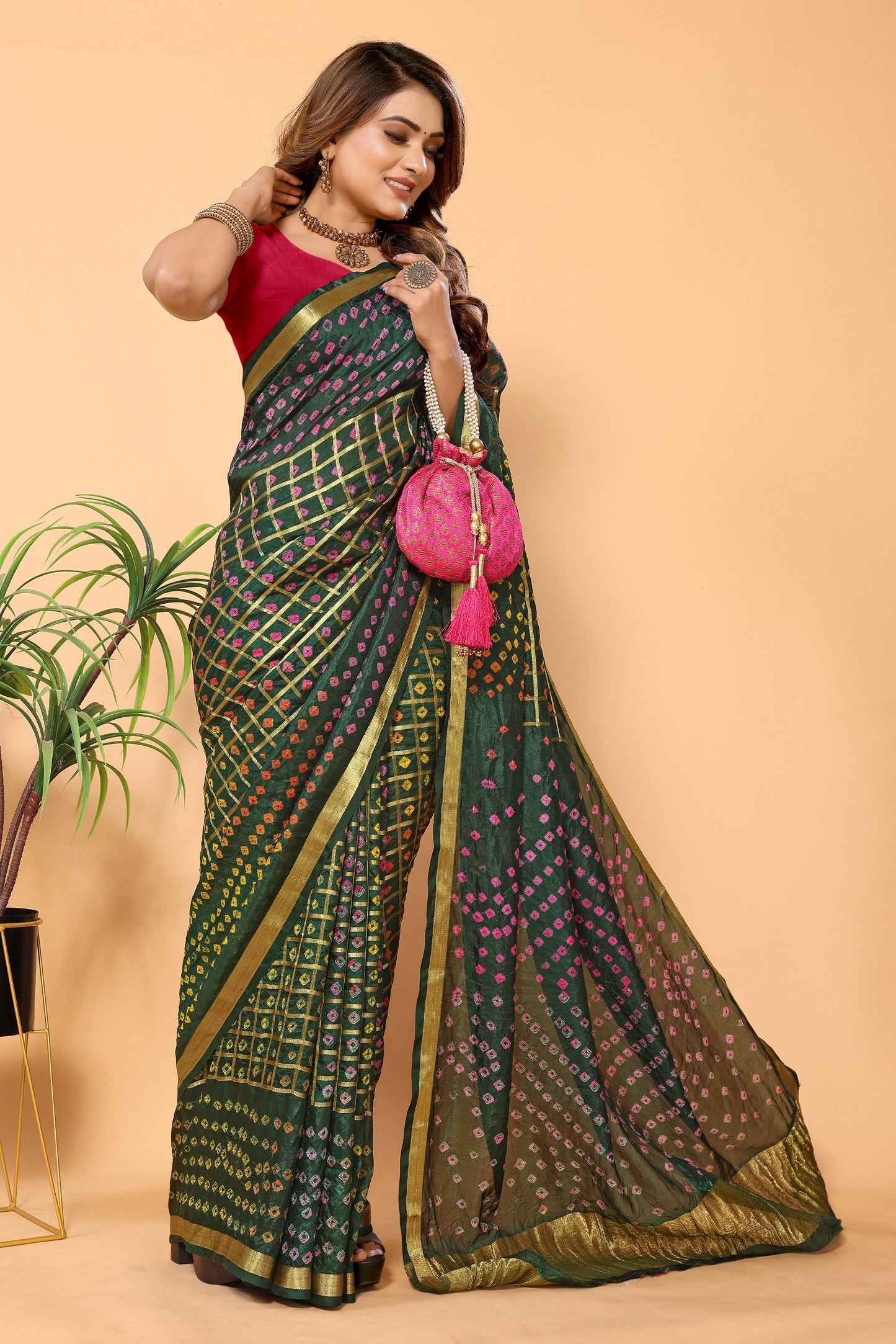 Handcrafted Bandhej Bandhani Chiffon Saree with Blouse Piece: Vibrant Tradition