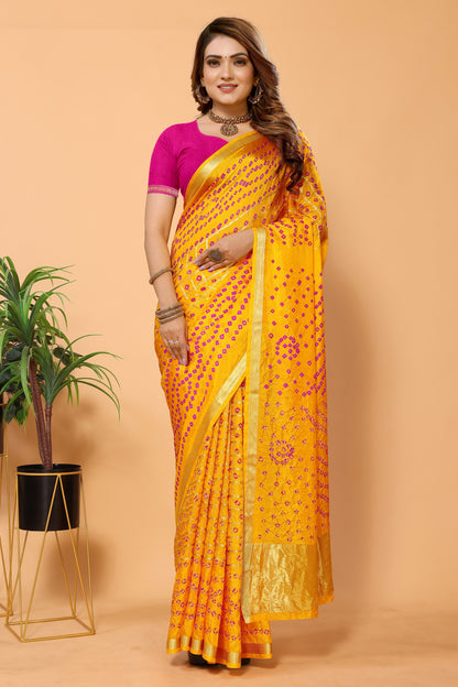 Handcrafted Bandhej Bandhani Chiffon Saree with Blouse Piece: Vibrant Tradition