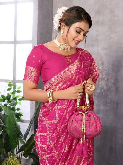 Misco Gaji Dandiya Pallu Pink Bandhej Bandhani Saree