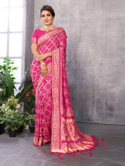 Misco Gaji Dandiya Pallu Pink Bandhej Bandhani Saree