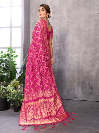 Misco Gaji Dandiya Pallu Pink Bandhej Bandhani Saree