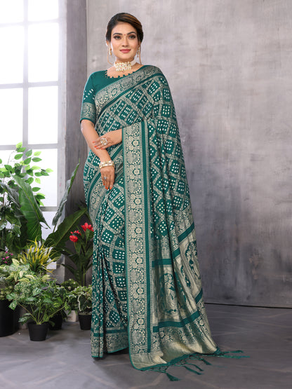 Misco Gaji Dandiya Pallu Rama Green Bandhej Bandhani Saree