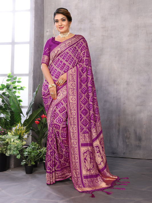 Misco Gaji Dandiya Pallu Purple Bandhej Bandhani Saree