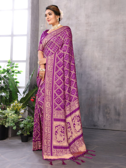 Misco Gaji Dandiya Pallu Purple Bandhej Bandhani Saree