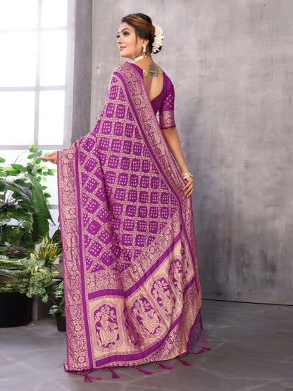 Misco Gaji Dandiya Pallu Purple Bandhej Bandhani Saree