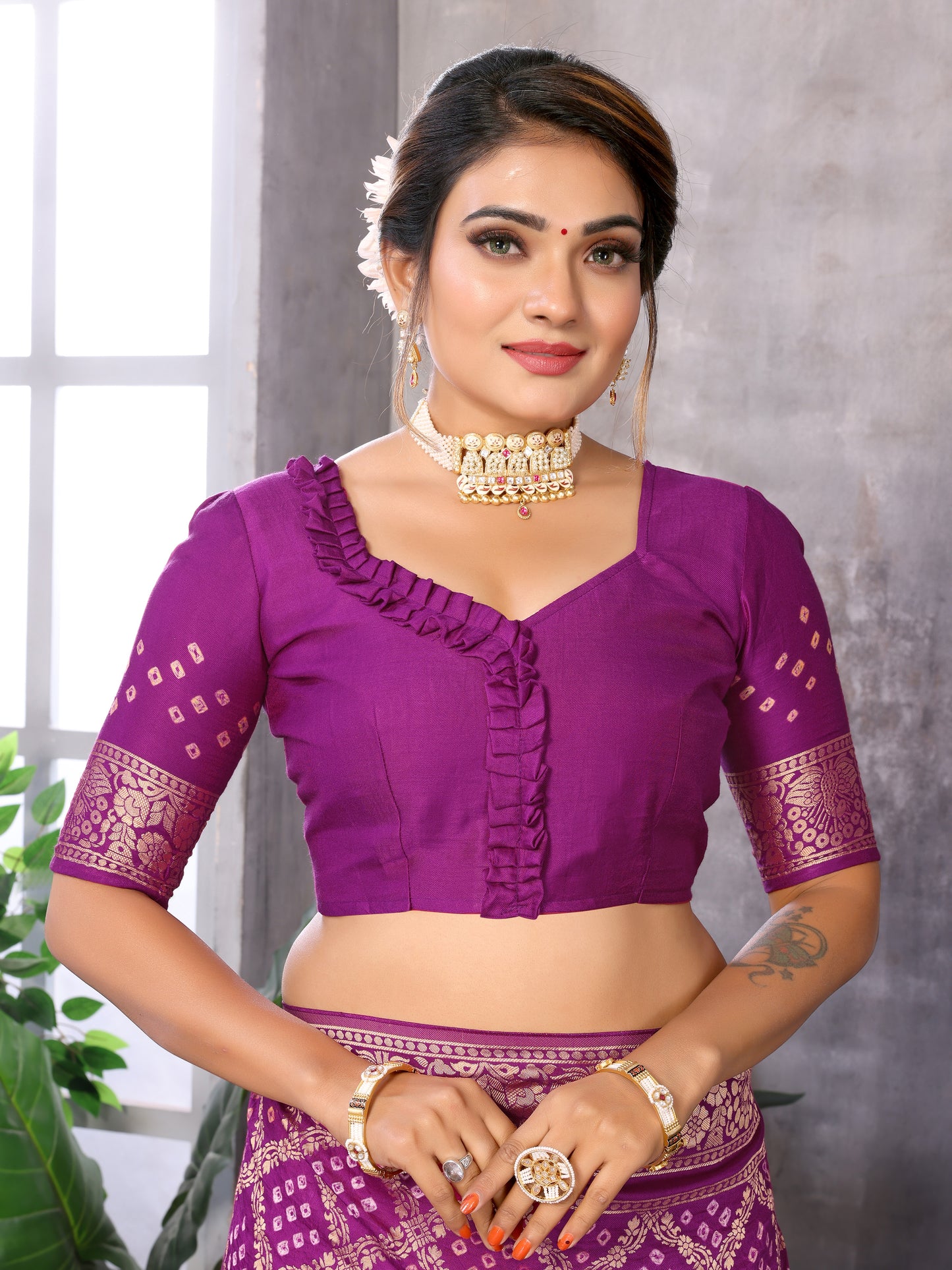 Misco Gaji Dandiya Pallu Purple Bandhej Bandhani Saree