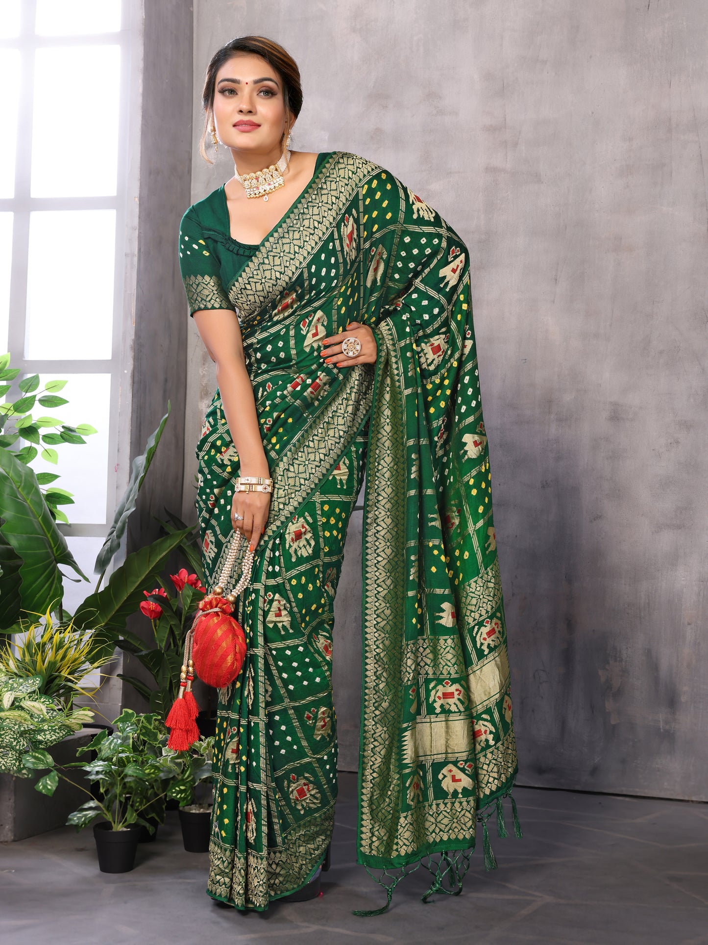 Green Bandhej Bandhani Misco Gaji Patola Check Bandhani Saree