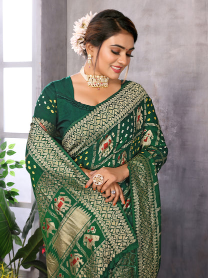 Green Bandhej Bandhani Misco Gaji Patola Check Bandhani Saree