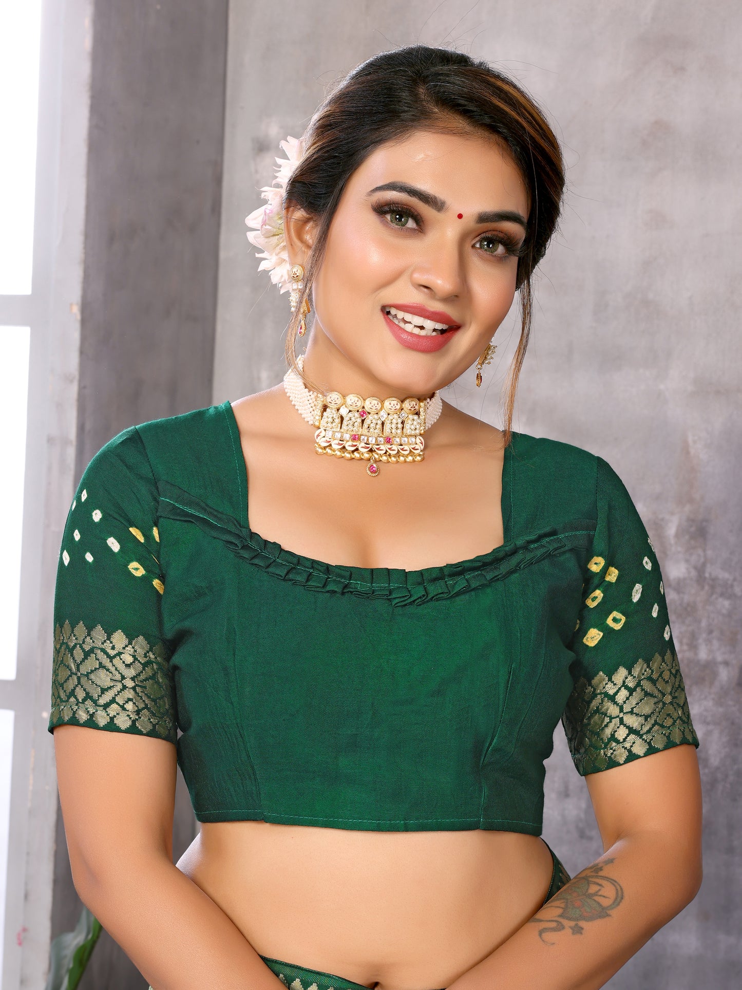 Green Bandhej Bandhani Misco Gaji Patola Check Bandhani Saree