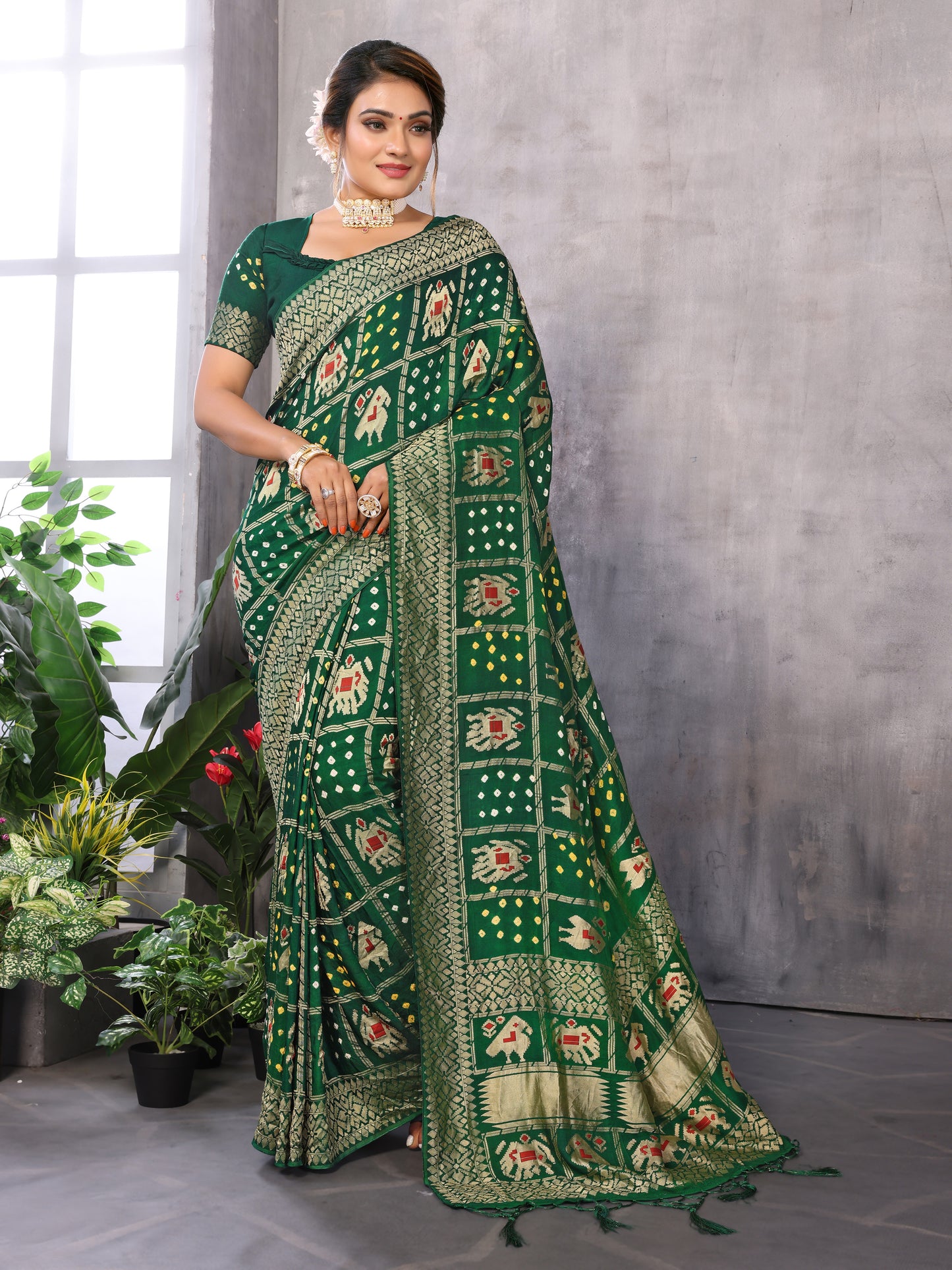 Green Bandhej Bandhani Misco Gaji Patola Check Bandhani Saree