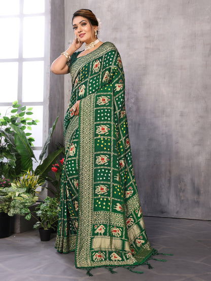 Green Bandhej Bandhani Misco Gaji Patola Check Bandhani Saree