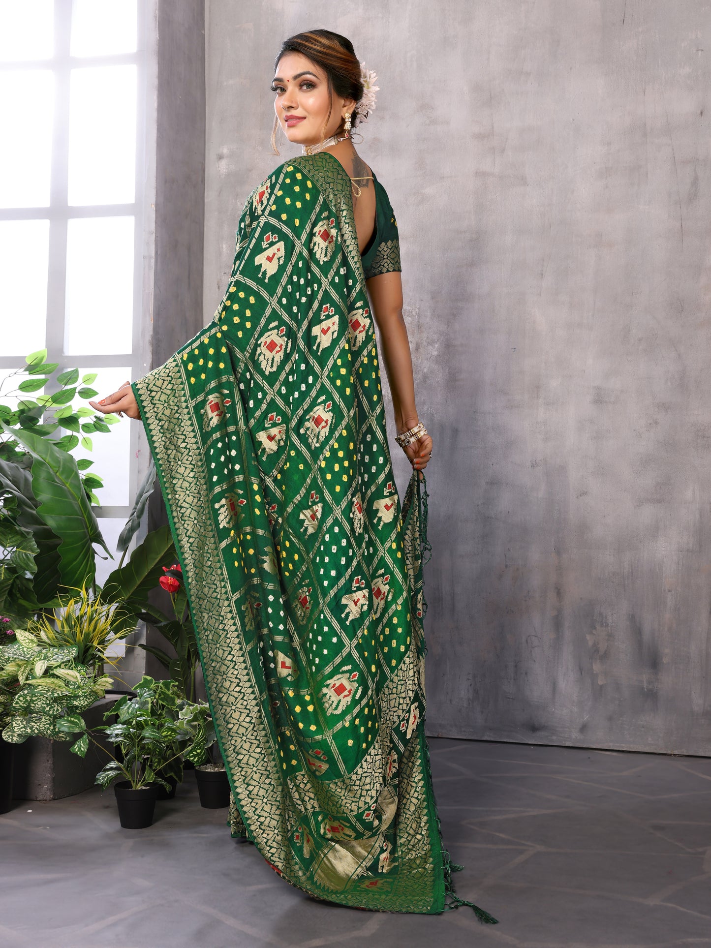 Green Bandhej Bandhani Misco Gaji Patola Check Bandhani Saree