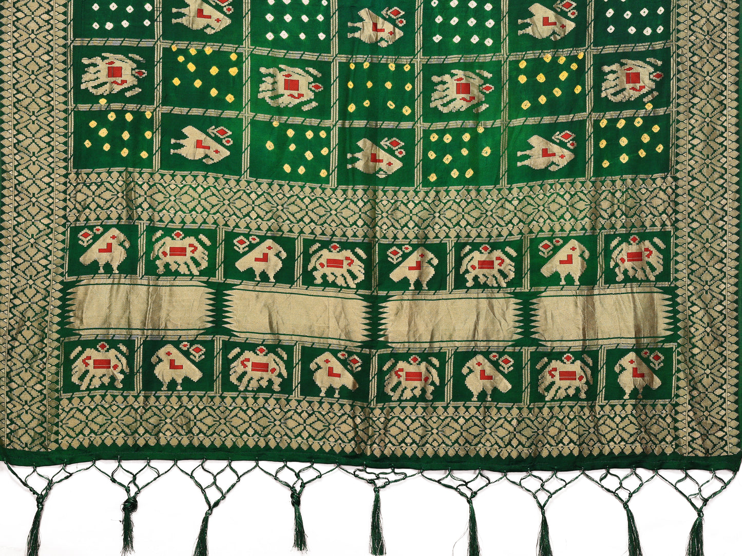 Green Bandhej Bandhani Misco Gaji Patola Check Bandhani Saree