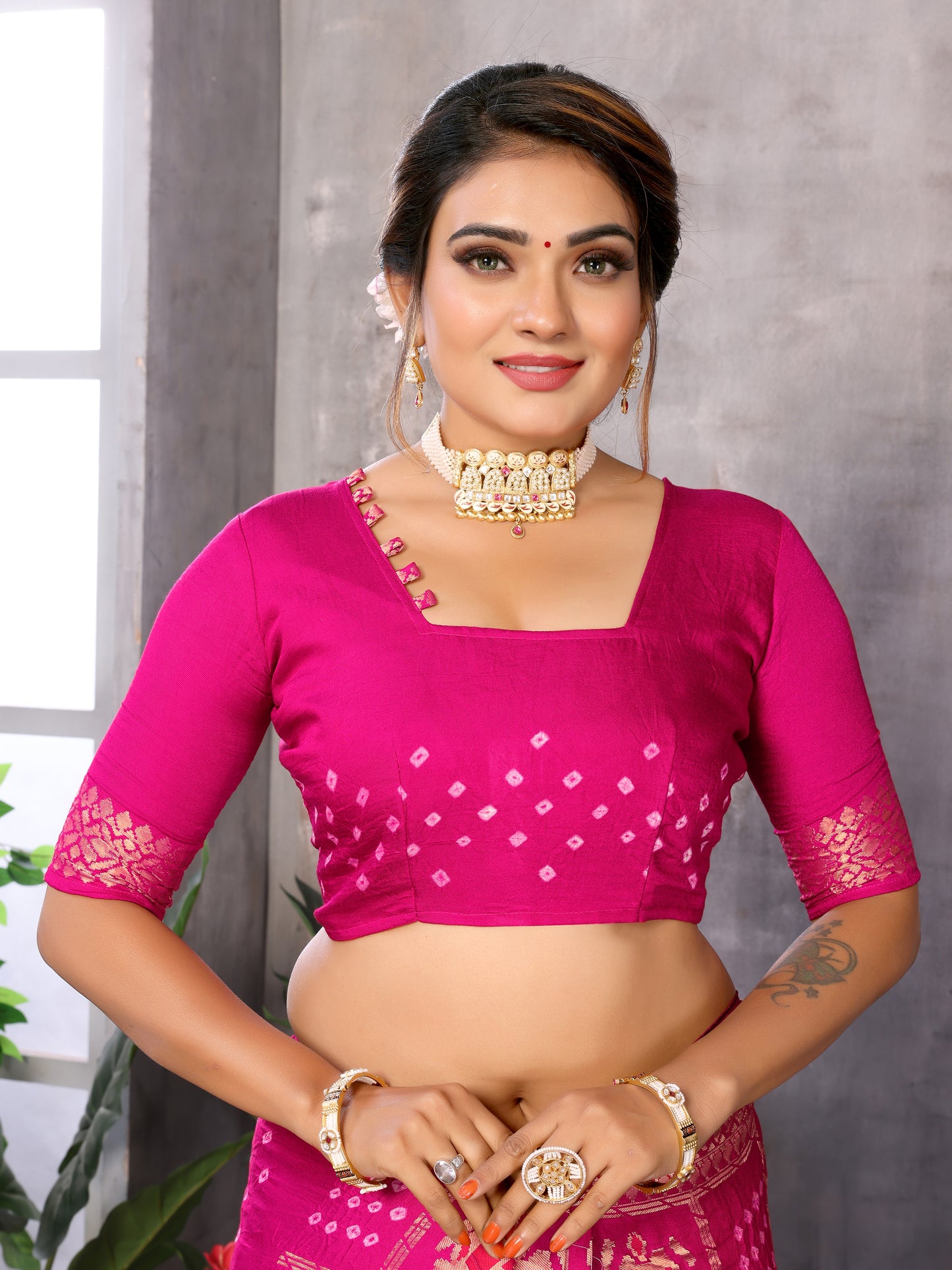 Pink Bandhej Bandhani Misco Gaji Patola Check Bandhani Saree