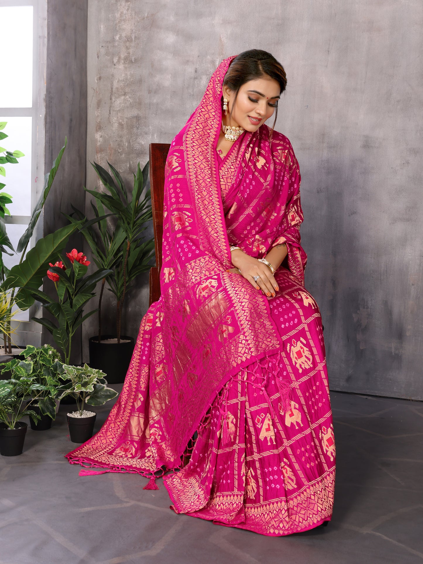 Pink Bandhej Bandhani Misco Gaji Patola Check Bandhani Saree