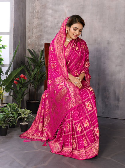 Pink Bandhej Bandhani Misco Gaji Patola Check Bandhani Saree