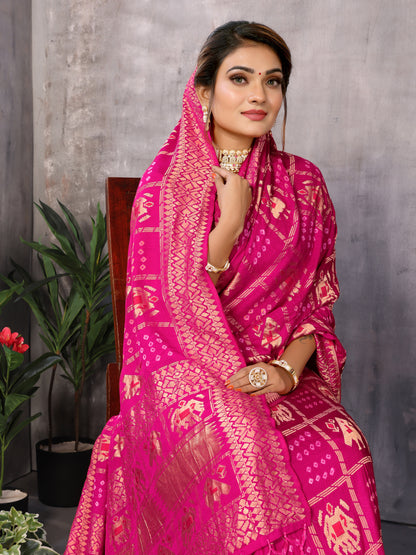 Pink Bandhej Bandhani Misco Gaji Patola Check Bandhani Saree