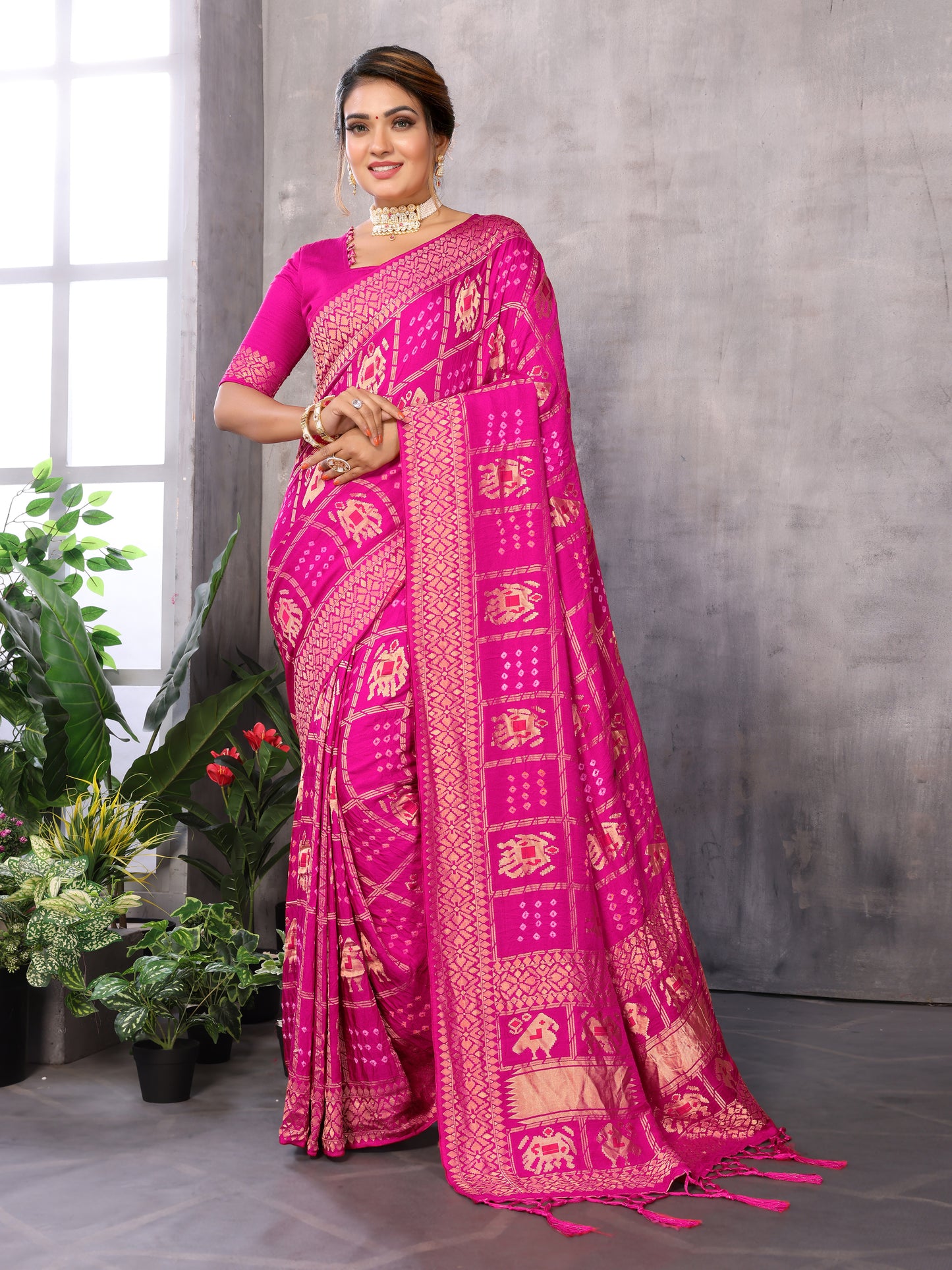 Pink Bandhej Bandhani Misco Gaji Patola Check Bandhani Saree