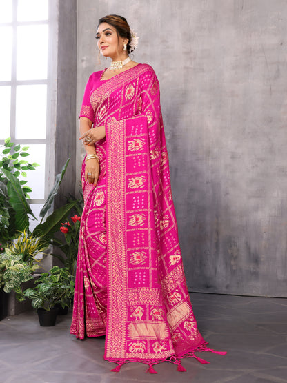 Pink Bandhej Bandhani Misco Gaji Patola Check Bandhani Saree