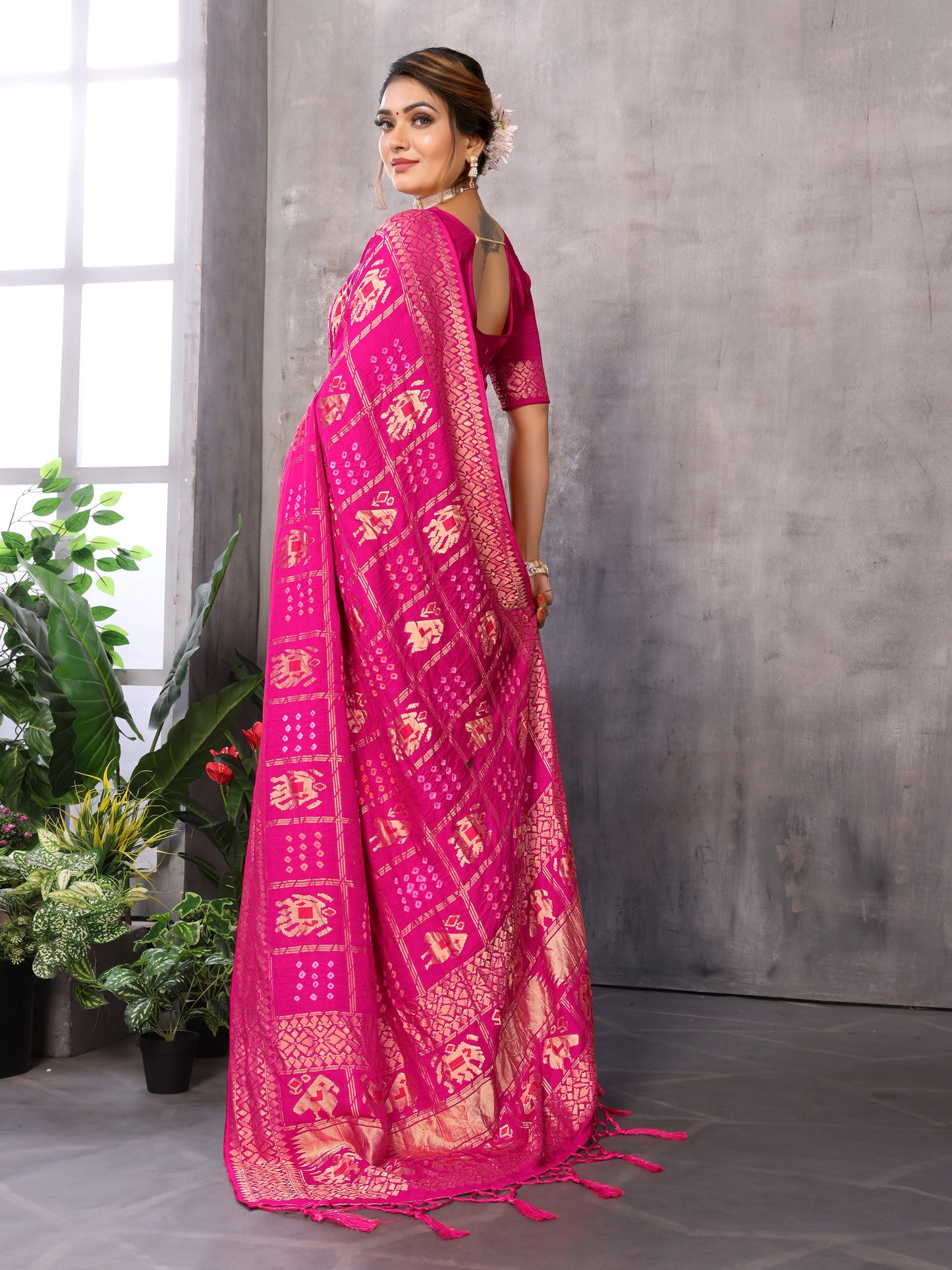 Pink Bandhej Bandhani Misco Gaji Patola Check Bandhani Saree