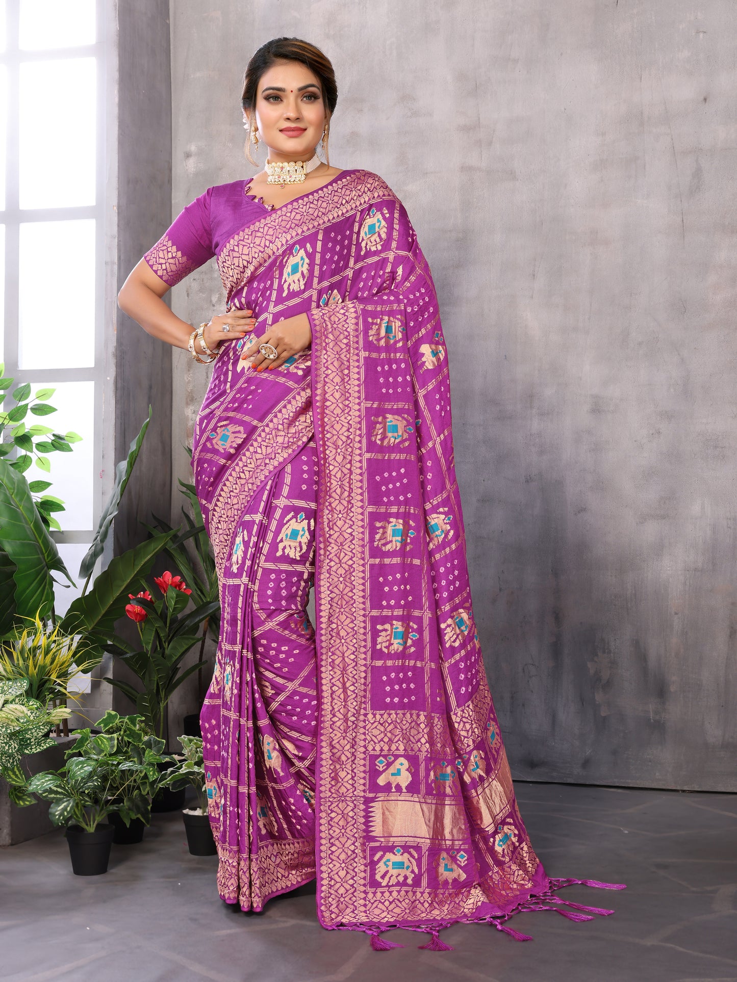 Purple Bandhej Bandhani Misco Gaji Patola Check Bandhani Saree