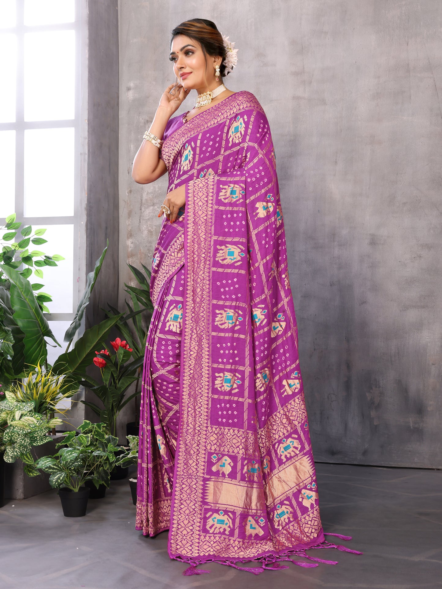 Purple Bandhej Bandhani Misco Gaji Patola Check Bandhani Saree