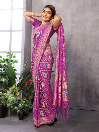 Purple Bandhej Bandhani Misco Gaji Patola Check Bandhani Saree