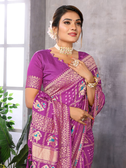 Purple Bandhej Bandhani Misco Gaji Patola Check Bandhani Saree