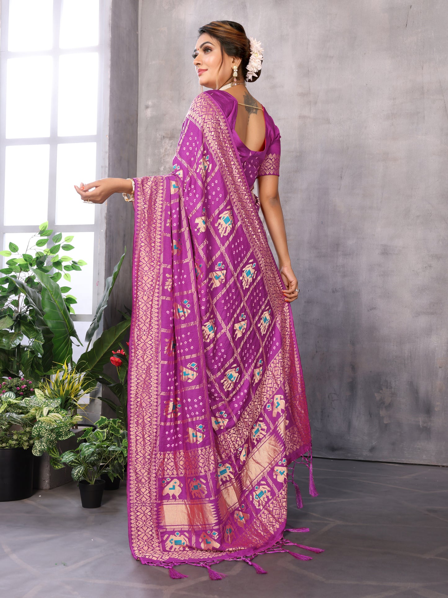 Purple Bandhej Bandhani Misco Gaji Patola Check Bandhani Saree