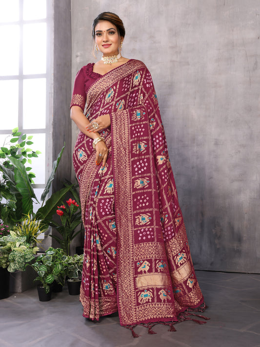 Maroon Bandhej Bandhani Misco Gaji Patola Check Bandhani Saree