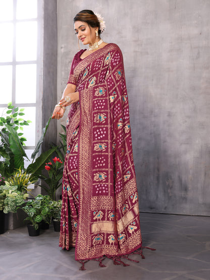 Maroon Bandhej Bandhani Misco Gaji Patola Check Bandhani Saree