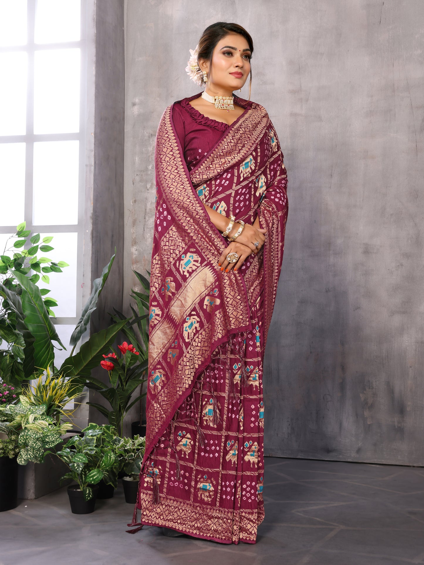 Maroon Bandhej Bandhani Misco Gaji Patola Check Bandhani Saree