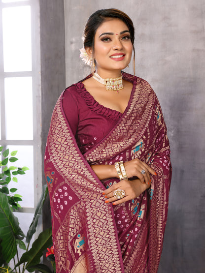 Maroon Bandhej Bandhani Misco Gaji Patola Check Bandhani Saree