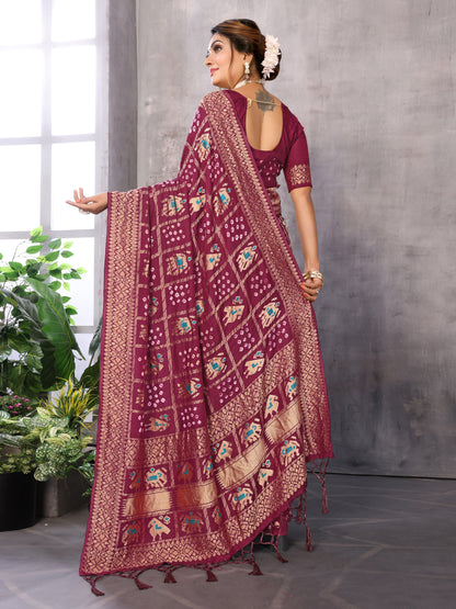 Maroon Bandhej Bandhani Misco Gaji Patola Check Bandhani Saree