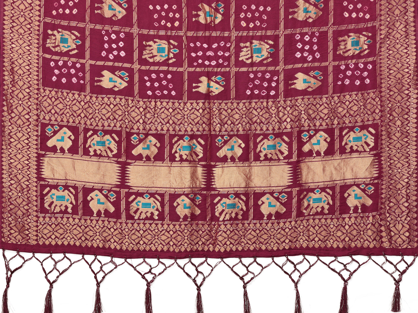 Maroon Bandhej Bandhani Misco Gaji Patola Check Bandhani Saree